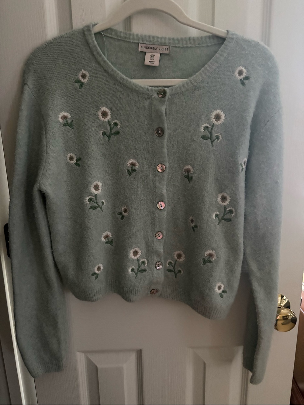 Cottagecore style mint green knit sweater/cardigan with delicate floral design